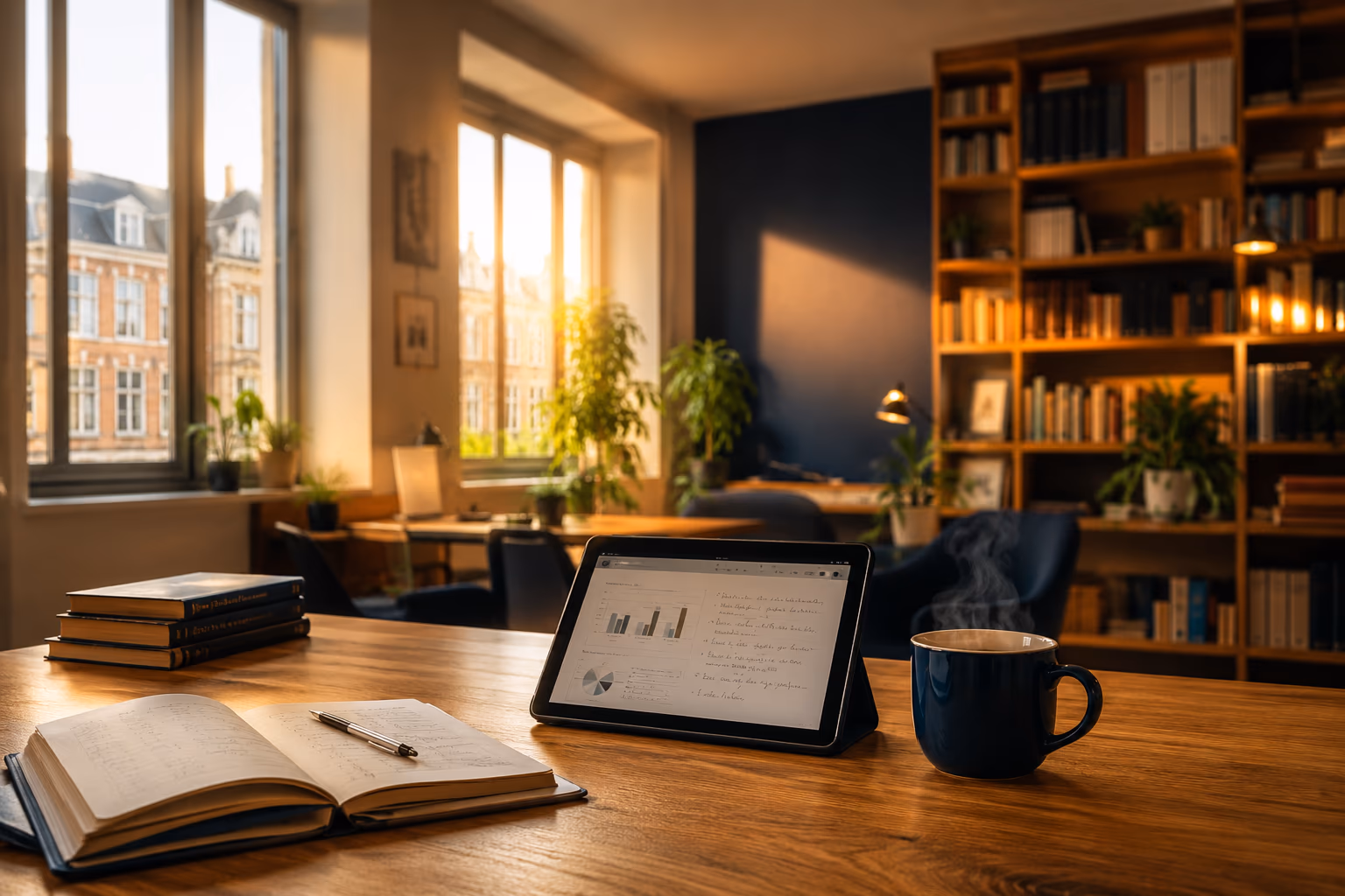 Espace de travail studieux à Lille — bibliothèque chaleureuse, cahier et tablette